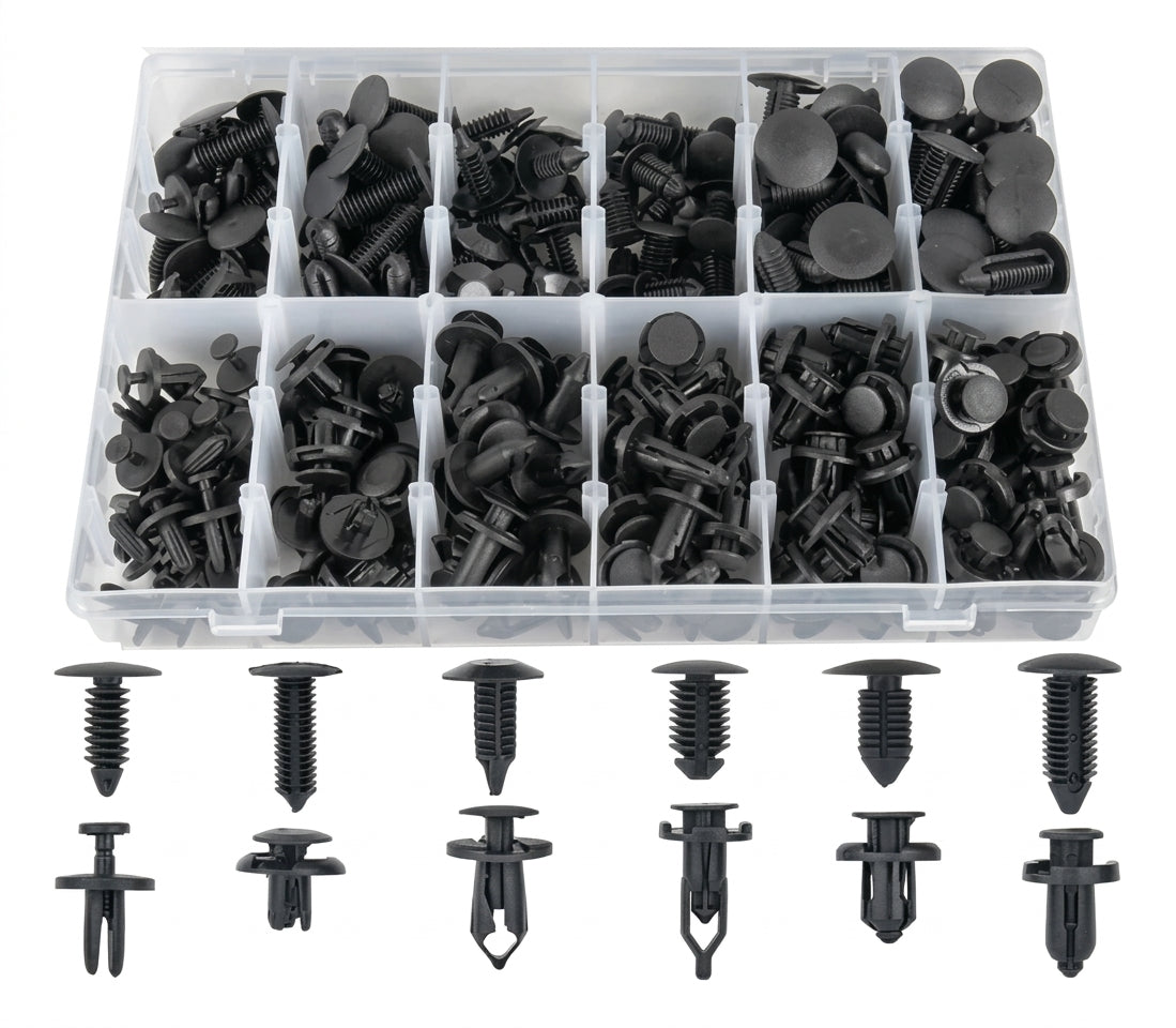 Kit de 240 Remaches y Grapas Plásticas para Auto (12 Medidas Universales) + Herramienta Organizadora