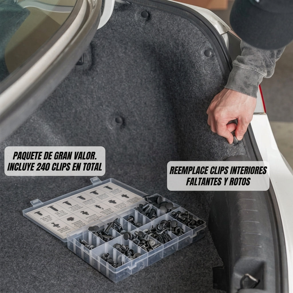 Kit de 240 Remaches y Grapas Plásticas para Auto (12 Medidas Universales) + Herramienta Organizadora