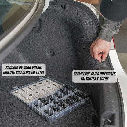 Kit de 240 Remaches y Grapas Plásticas para Auto (12 Medidas Universales) + Herramienta Organizadora