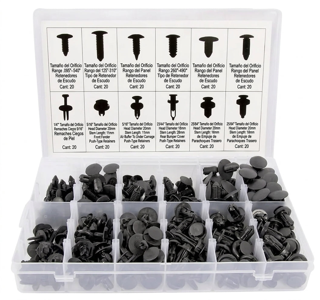 Kit de 240 Remaches y Grapas Plásticas para Auto (12 Medidas Universales) + Herramienta Organizadora