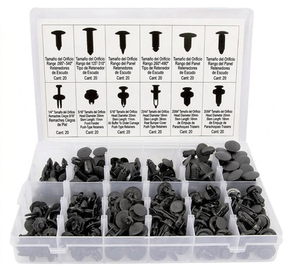 Kit de 240 Remaches y Grapas Plásticas para Auto (12 Medidas Universales) + Herramienta Organizadora