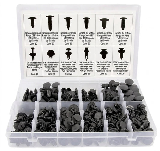 Kit de 240 Remaches y Grapas Plásticas para Auto (12 Medidas Universales) + Herramienta Organizadora