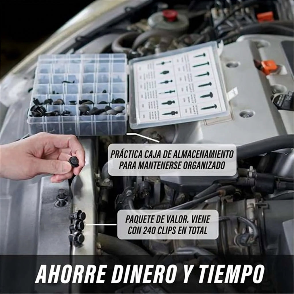 Kit de 240 Remaches y Grapas Plásticas para Auto (12 Medidas Universales) + Herramienta Organizadora