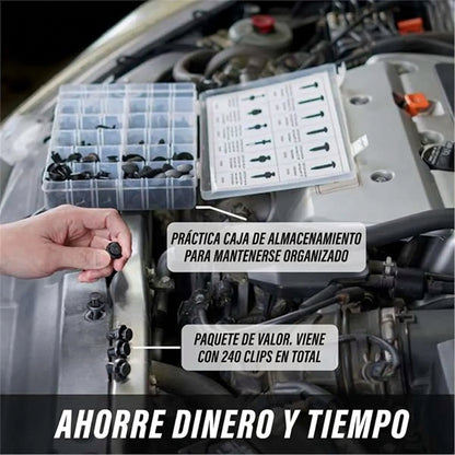 Kit de 240 Remaches y Grapas Plásticas para Auto (12 Medidas Universales) + Herramienta Organizadora